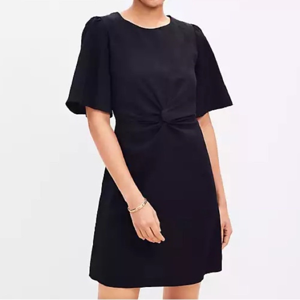 NWT LOFT Flutter Sleeve Mini Dress with Knot Detail Black 0